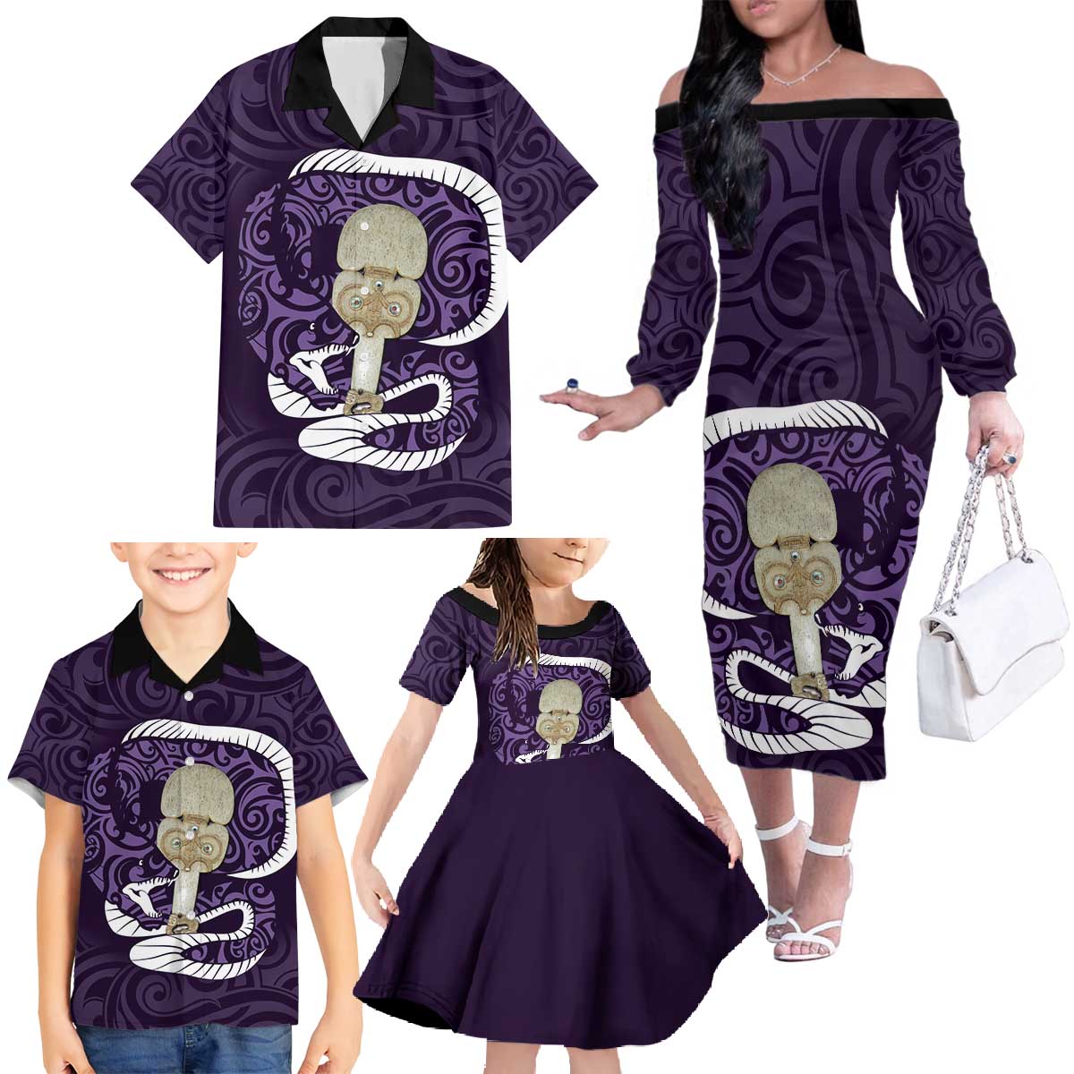 Purple New Zealand Eel Family Matching Off The Shoulder Long Sleeve Dress and Hawaiian Shirt Aotearoa Maori Tuna With Kotiate Weapon