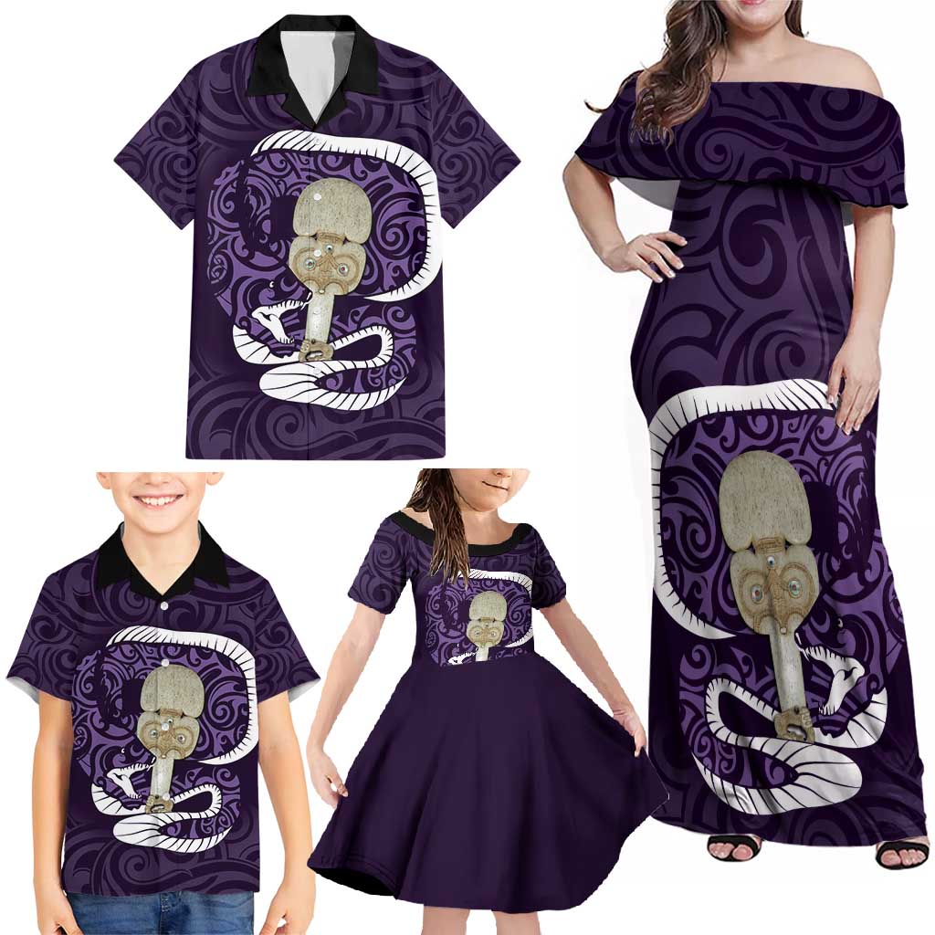 Purple New Zealand Eel Family Matching Off Shoulder Maxi Dress and Hawaiian Shirt Aotearoa Maori Tuna With Kotiate Weapon