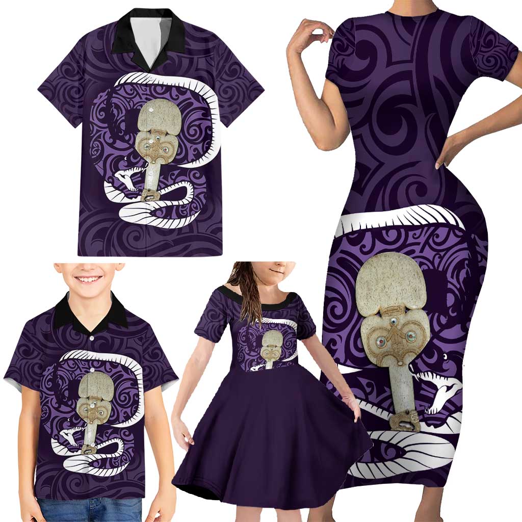 Purple New Zealand Eel Family Matching Short Sleeve Bodycon Dress and Hawaiian Shirt Aotearoa Maori Tuna With Kotiate Weapon