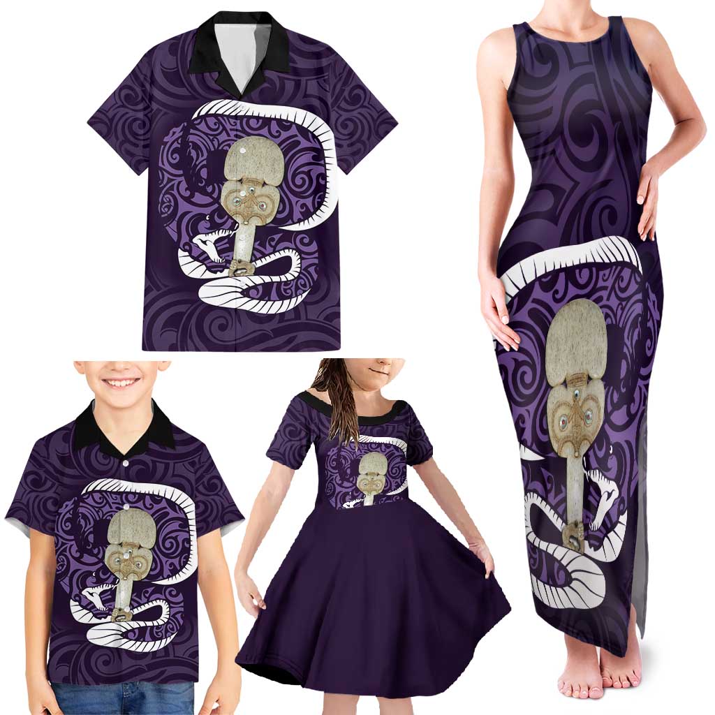 Purple New Zealand Eel Family Matching Tank Maxi Dress and Hawaiian Shirt Aotearoa Maori Tuna With Kotiate Weapon