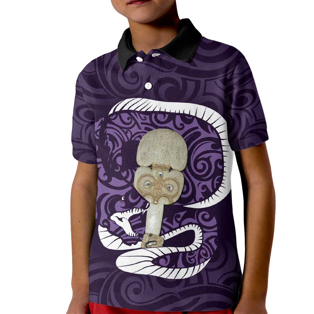 Purple New Zealand Eel Kid Polo Shirt Aotearoa Maori Tuna With Kotiate Weapon