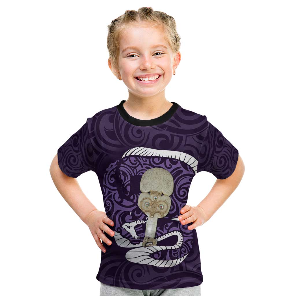 Purple New Zealand Eel Kid T Shirt Aotearoa Maori Tuna With Kotiate Weapon