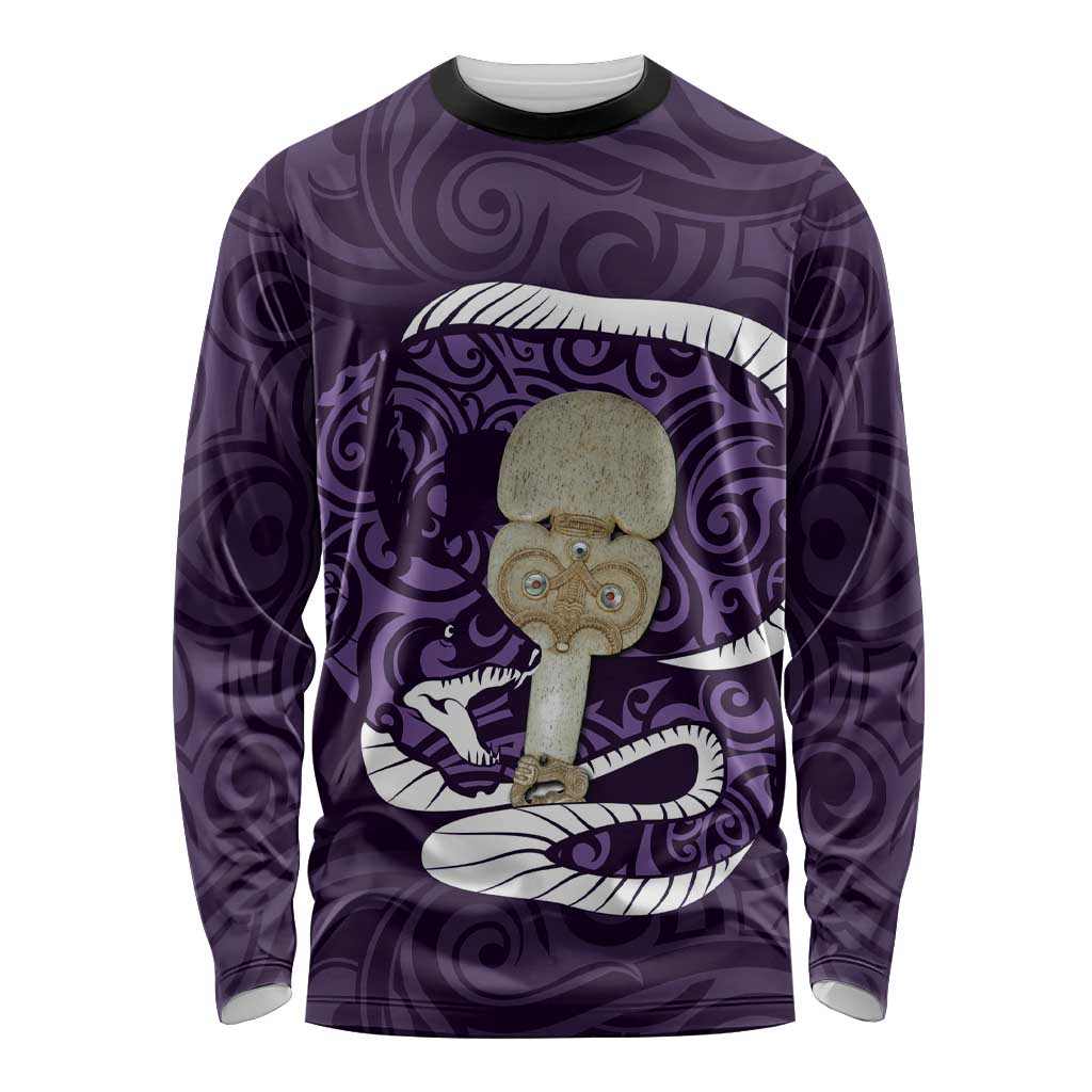 Purple New Zealand Eel Long Sleeve Shirt Aotearoa Maori Tuna With Kotiate Weapon