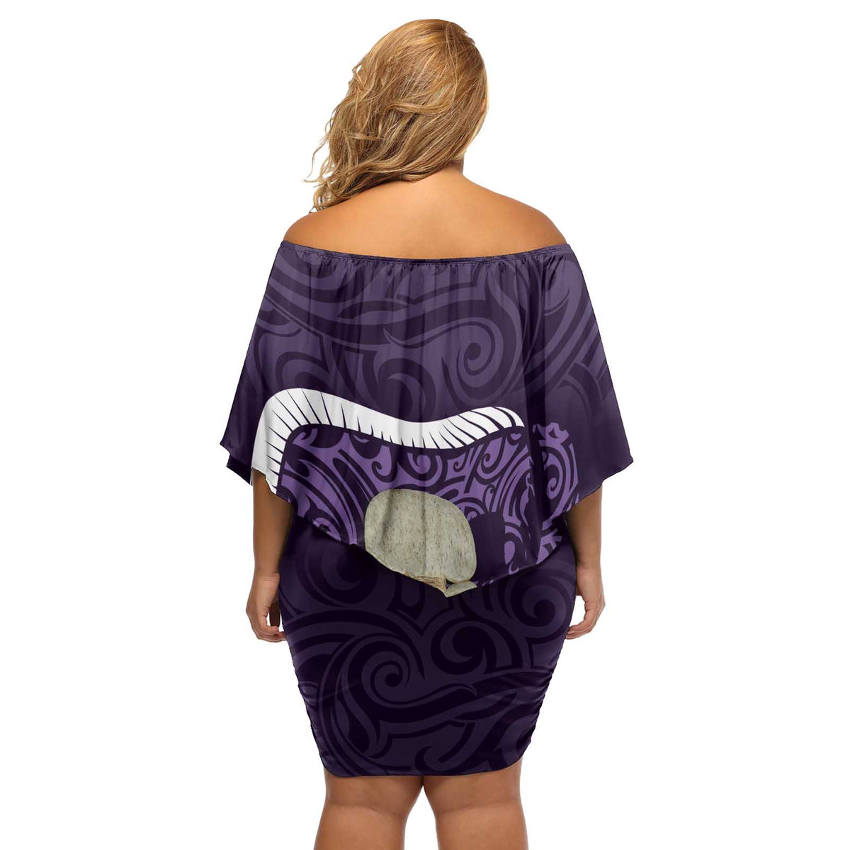 Purple New Zealand Eel Off Shoulder Short Dress Aotearoa Maori Tuna With Kotiate Weapon LT14 - Polynesian Pride
