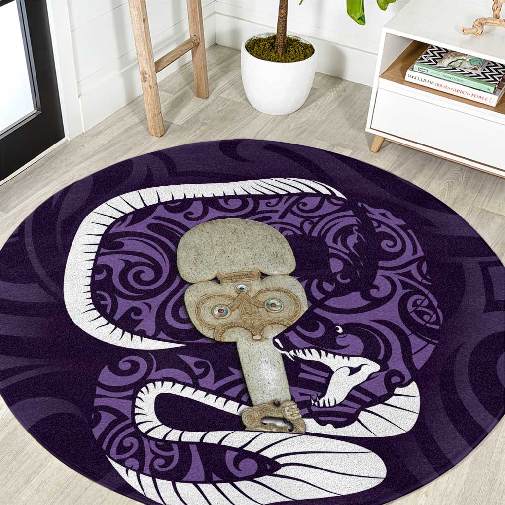 Purple New Zealand Eel Round Carpet Aotearoa Maori Tuna With Kotiate Weapon