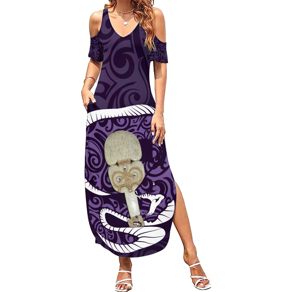 Purple New Zealand Eel Summer Maxi Dress Aotearoa Maori Tuna With Kotiate Weapon