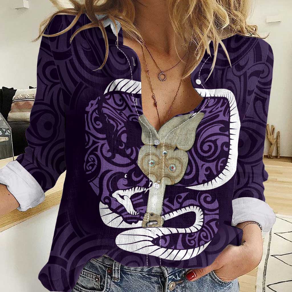 Purple New Zealand Eel Women Casual Shirt Aotearoa Maori Tuna With Kotiate Weapon