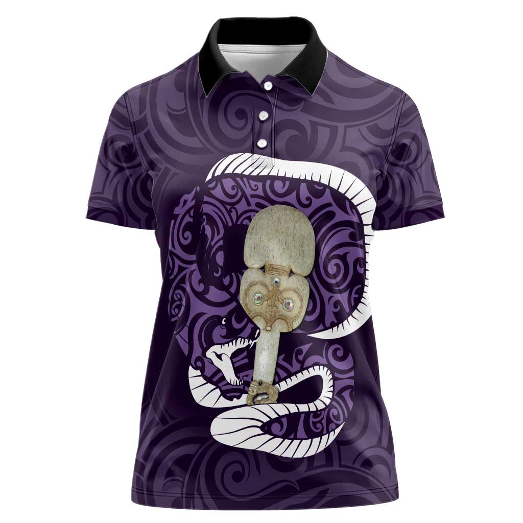 Purple New Zealand Eel Women Polo Shirt Aotearoa Maori Tuna With Kotiate Weapon