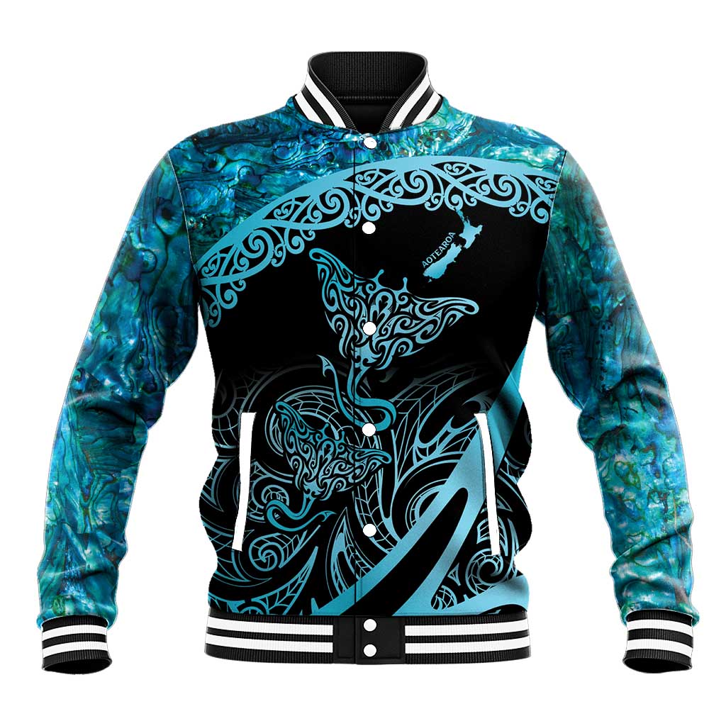 New Zealand Stingray Baseball Jacket Aotearoa Whai With Maori Paua Shell LT14 Unisex Turquoise - Polynesian Pride