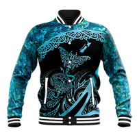 New Zealand Stingray Baseball Jacket Aotearoa Whai With Maori Paua Shell LT14 Unisex Turquoise - Polynesian Pride