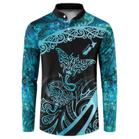 New Zealand Stingray Button Sweatshirt Aotearoa Whai With Maori Paua Shell LT14 Turquoise - Polynesian Pride