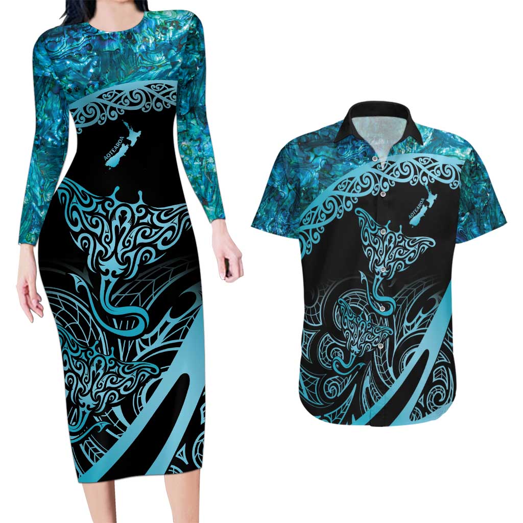 New Zealand Stingray Couples Matching Long Sleeve Bodycon Dress and Hawaiian Shirt Aotearoa Whai With Maori Paua Shell