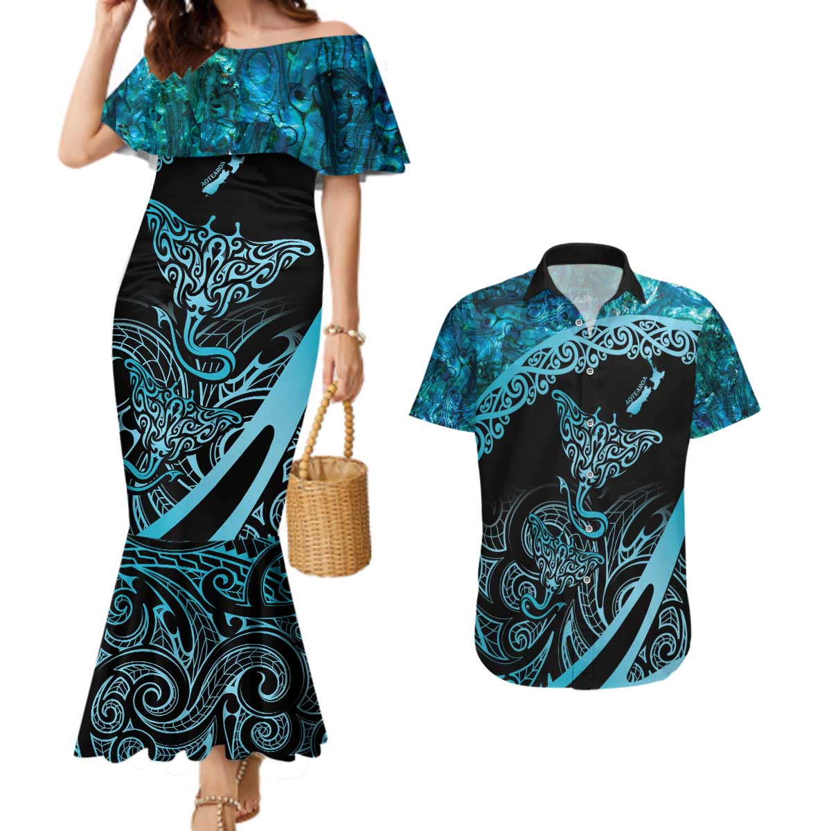 New Zealand Stingray Couples Matching Mermaid Dress and Hawaiian Shirt Aotearoa Whai With Maori Paua Shell