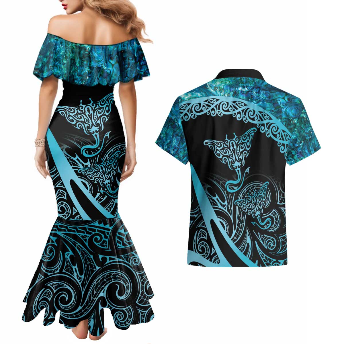 New Zealand Stingray Couples Matching Mermaid Dress and Hawaiian Shirt Aotearoa Whai With Maori Paua Shell