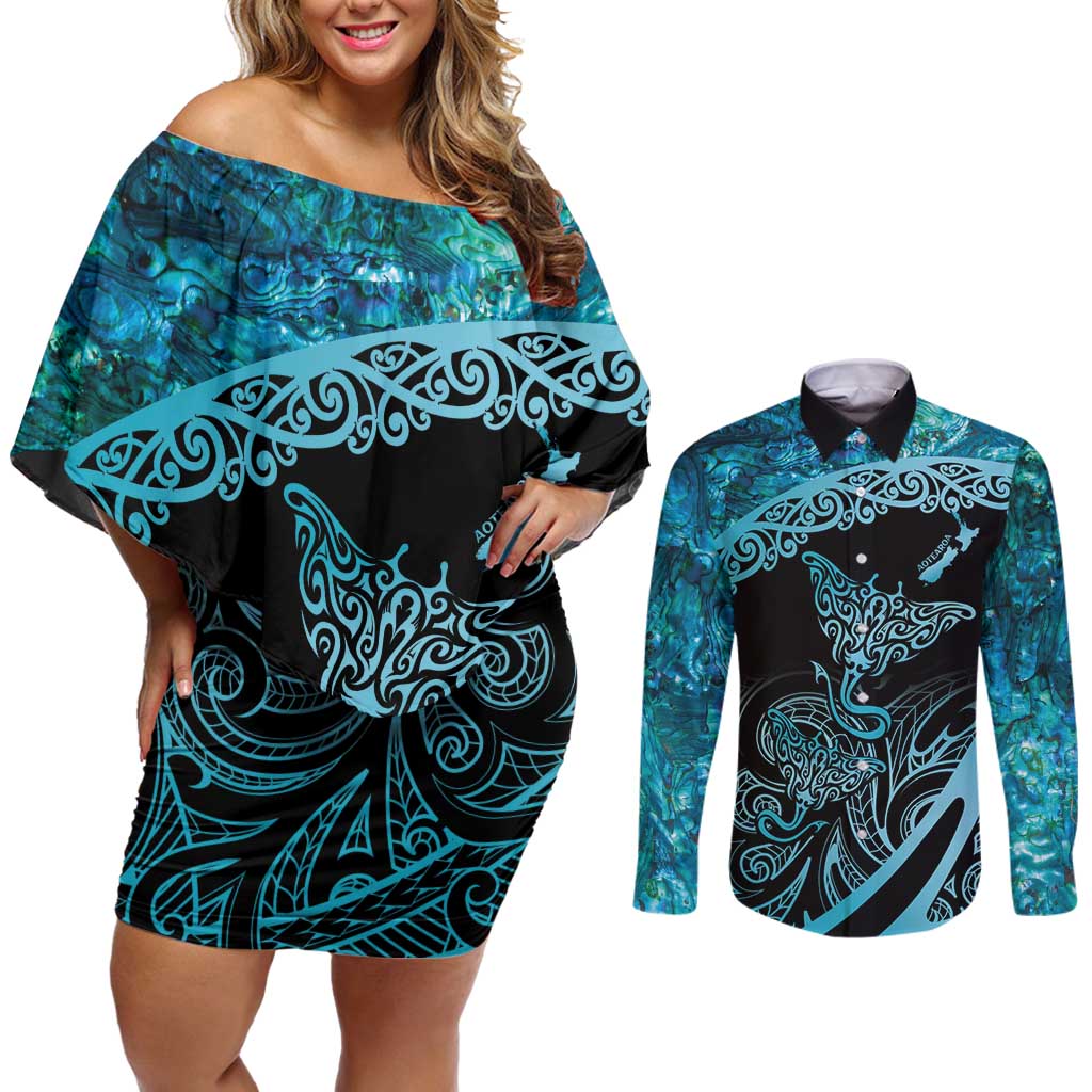 New Zealand Stingray Couples Matching Off Shoulder Short Dress and Long Sleeve Button Shirt Aotearoa Whai With Maori Paua Shell