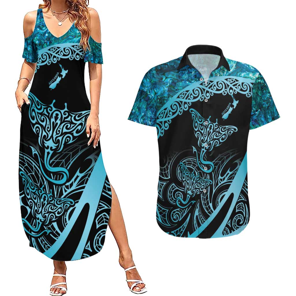 New Zealand Stingray Couples Matching Summer Maxi Dress and Hawaiian Shirt Aotearoa Whai With Maori Paua Shell