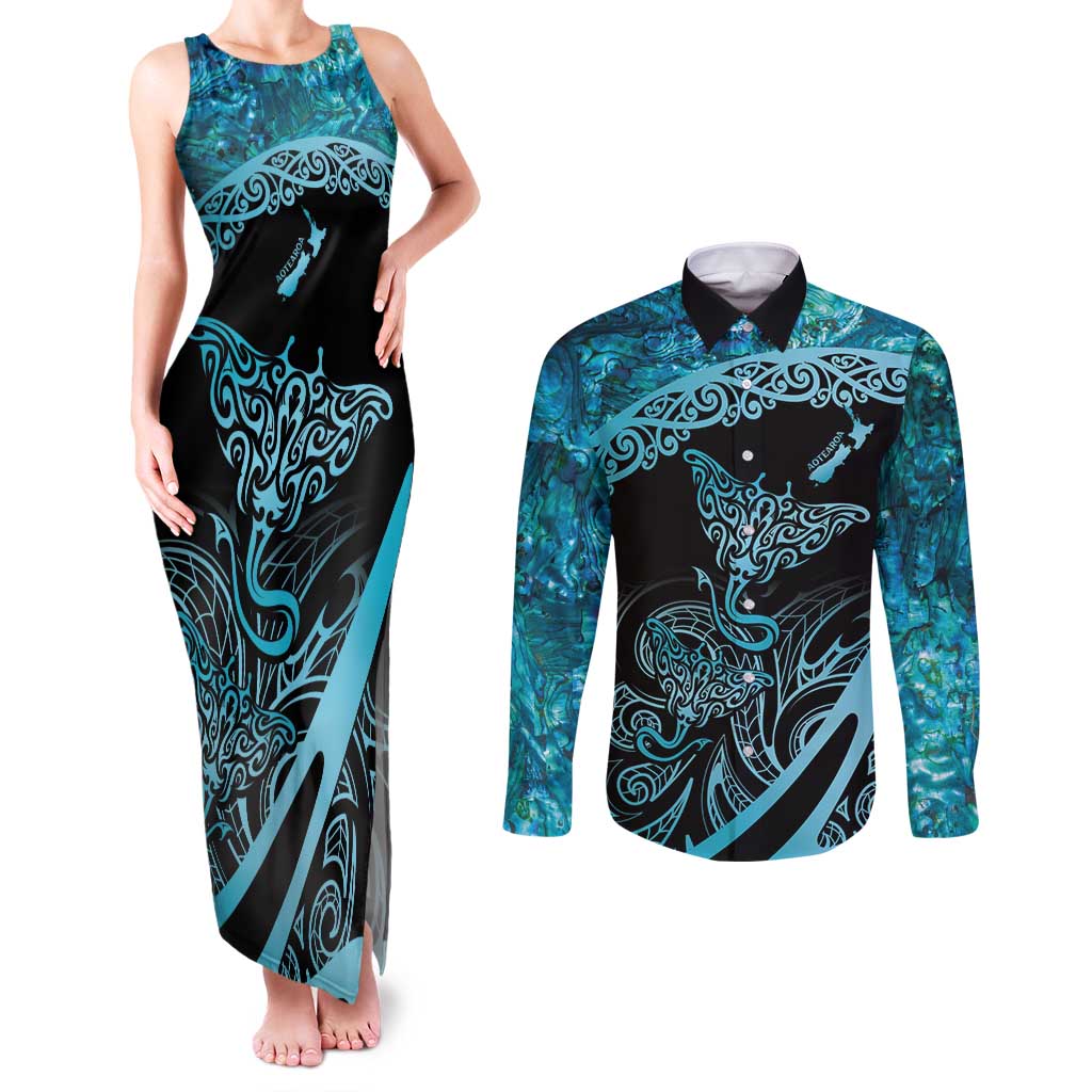 New Zealand Stingray Couples Matching Tank Maxi Dress and Long Sleeve Button Shirt Aotearoa Whai With Maori Paua Shell