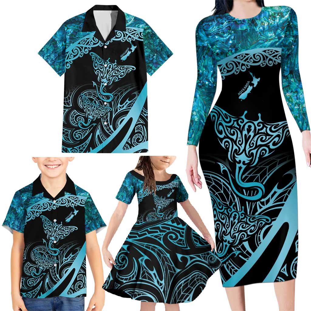 New Zealand Stingray Family Matching Long Sleeve Bodycon Dress and Hawaiian Shirt Aotearoa Whai With Maori Paua Shell