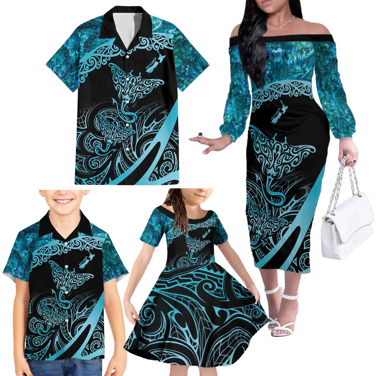 New Zealand Stingray Family Matching Off The Shoulder Long Sleeve Dress and Hawaiian Shirt Aotearoa Whai With Maori Paua Shell