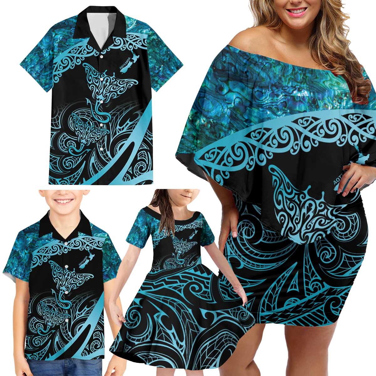 New Zealand Stingray Family Matching Off Shoulder Short Dress and Hawaiian Shirt Aotearoa Whai With Maori Paua Shell