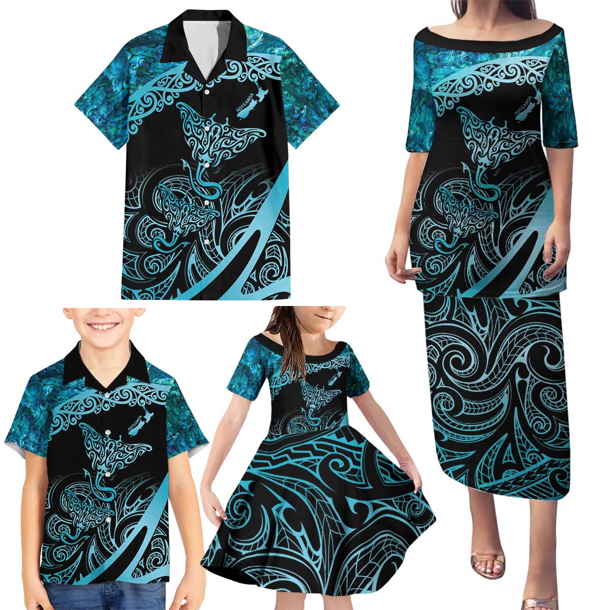 New Zealand Stingray Family Matching Puletasi and Hawaiian Shirt Aotearoa Whai With Maori Paua Shell