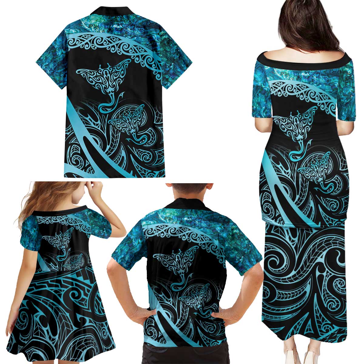 New Zealand Stingray Family Matching Puletasi and Hawaiian Shirt Aotearoa Whai With Maori Paua Shell
