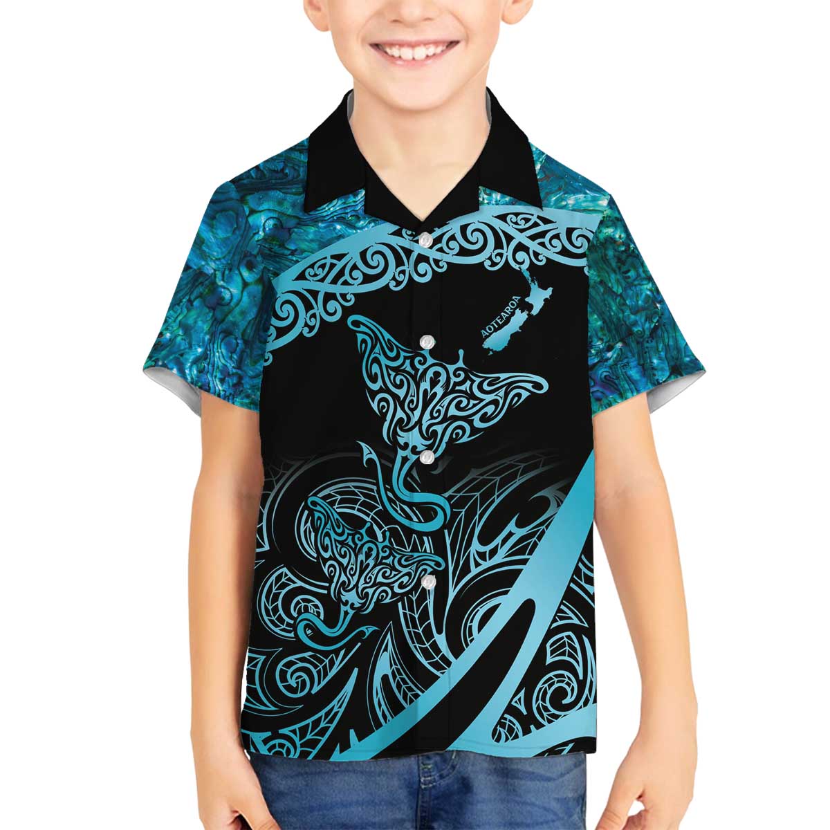 New Zealand Stingray Family Matching Puletasi and Hawaiian Shirt Aotearoa Whai With Maori Paua Shell