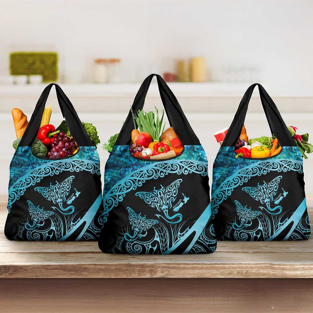 New Zealand Stingray Grocery Bag Aotearoa Whai With Maori Paua Shell LT14 3-pack One Size Turquoise - Polynesian Pride