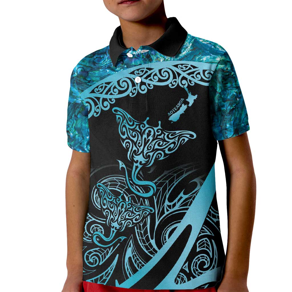 New Zealand Stingray Kid Polo Shirt Aotearoa Whai With Maori Paua Shell