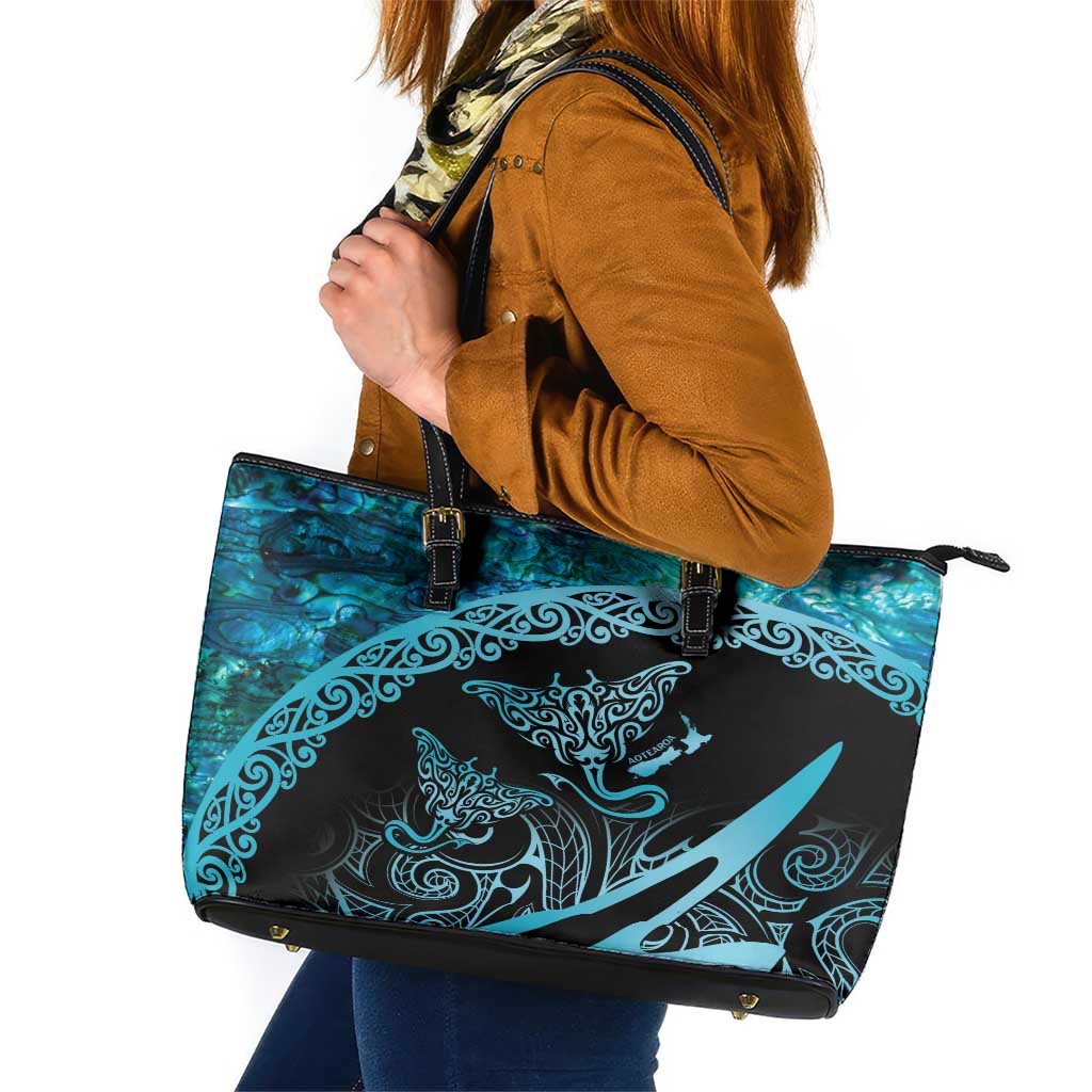 New Zealand Stingray Leather Tote Bag Aotearoa Whai With Maori Paua Shell LT14 Turquoise - Polynesian Pride