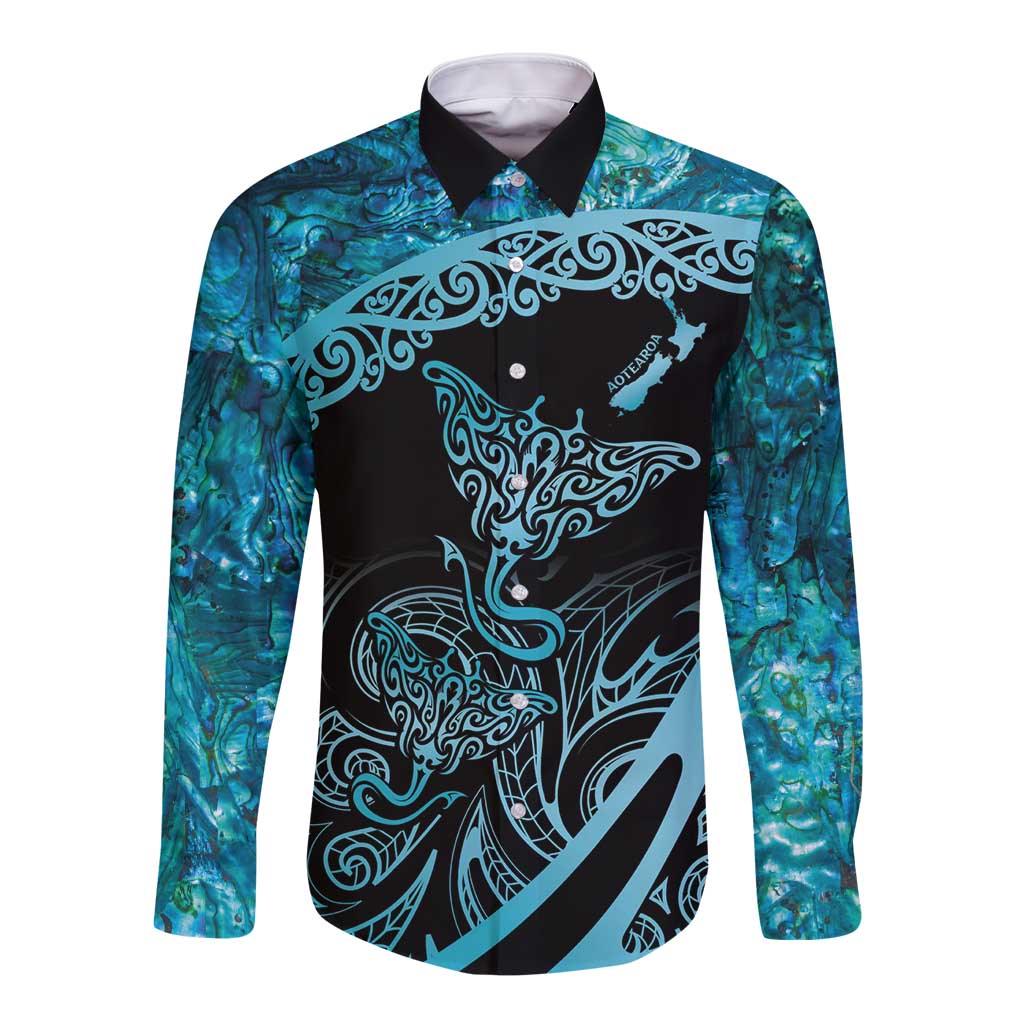 New Zealand Stingray Long Sleeve Button Shirt Aotearoa Whai With Maori Paua Shell