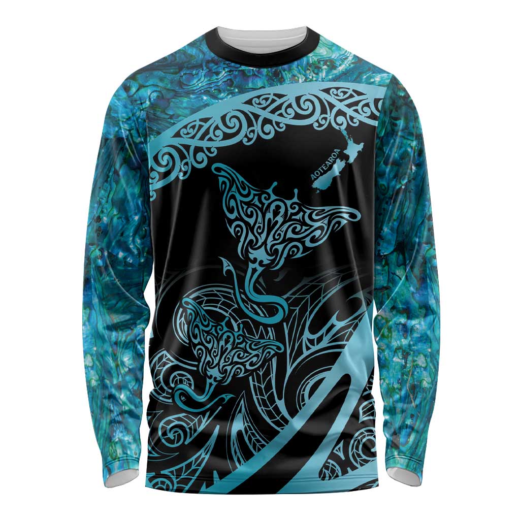 New Zealand Stingray Long Sleeve Shirt Aotearoa Whai With Maori Paua Shell