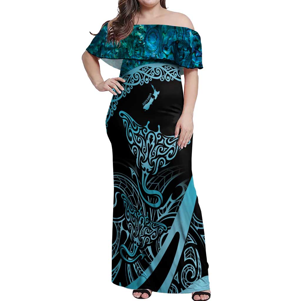 New Zealand Stingray Off Shoulder Maxi Dress Aotearoa Whai With Maori Paua Shell