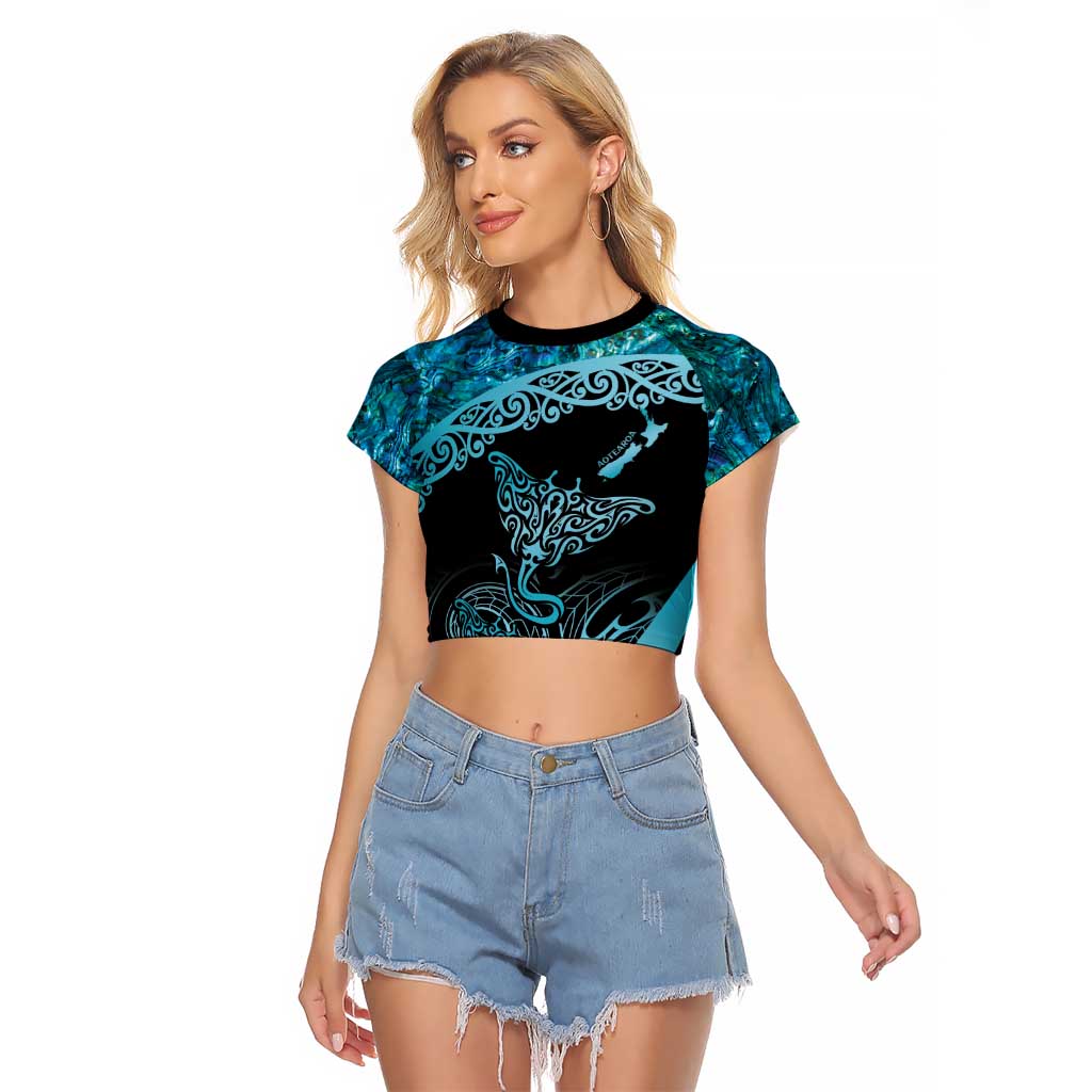 New Zealand Stingray Raglan Cropped T Shirt Aotearoa Whai With Maori Paua Shell LT14 Female Turquoise - Polynesian Pride