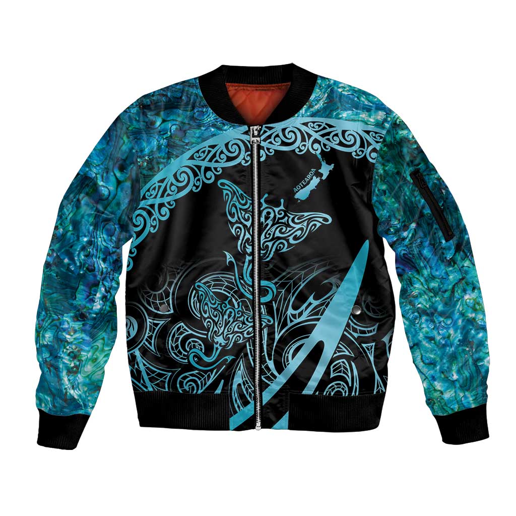 New Zealand Stingray Sleeve Zip Bomber Jacket Aotearoa Whai With Maori Paua Shell