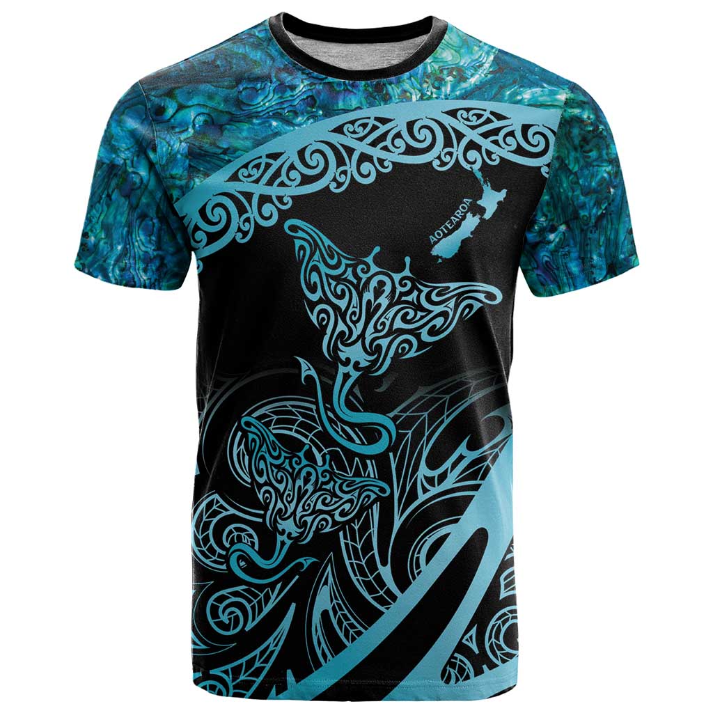 New Zealand Stingray T Shirt Aotearoa Whai With Maori Paua Shell LT14 Turquoise - Polynesian Pride