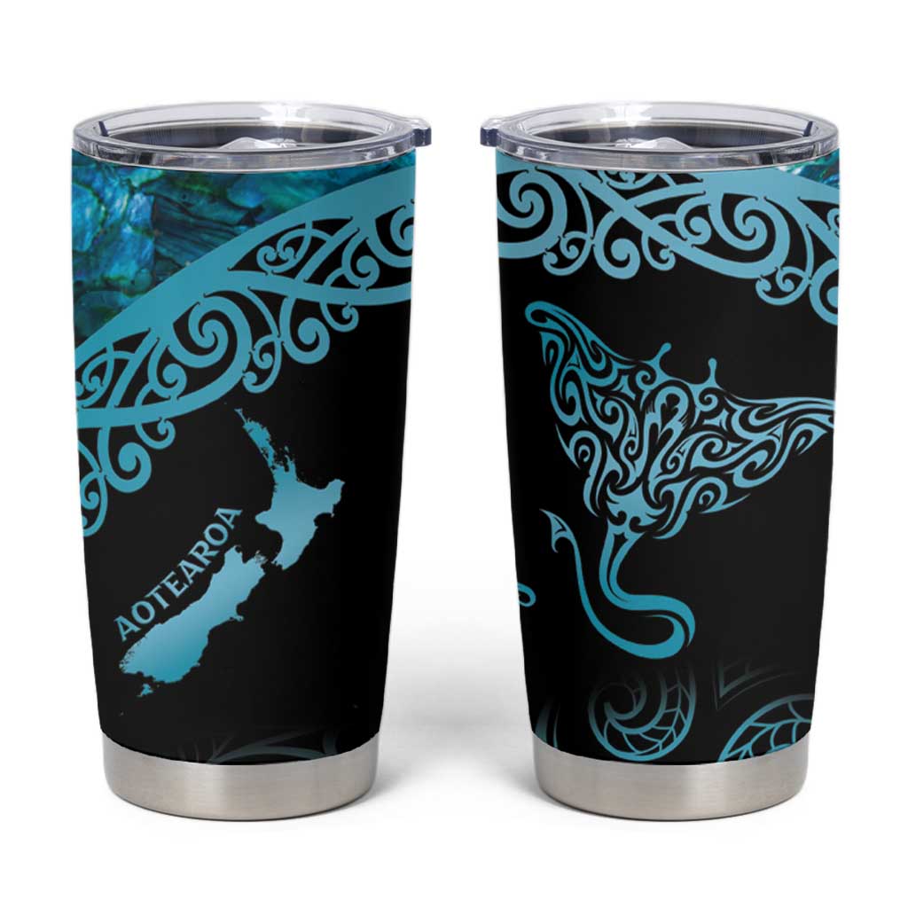 New Zealand Stingray Tumbler Cup Aotearoa Whai With Maori Paua Shell LT14 Turquoise - Polynesian Pride