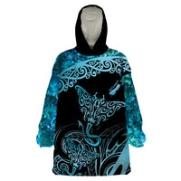 New Zealand Stingray Wearable Blanket Hoodie Aotearoa Whai With Maori Paua Shell LT14 One Size Turquoise - Polynesian Pride