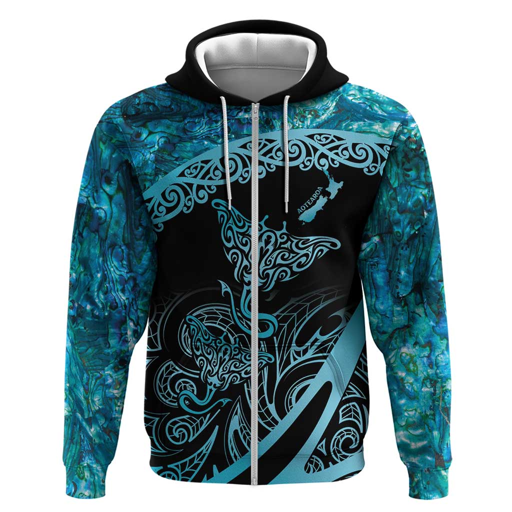 New Zealand Stingray Zip Hoodie Aotearoa Whai With Maori Paua Shell