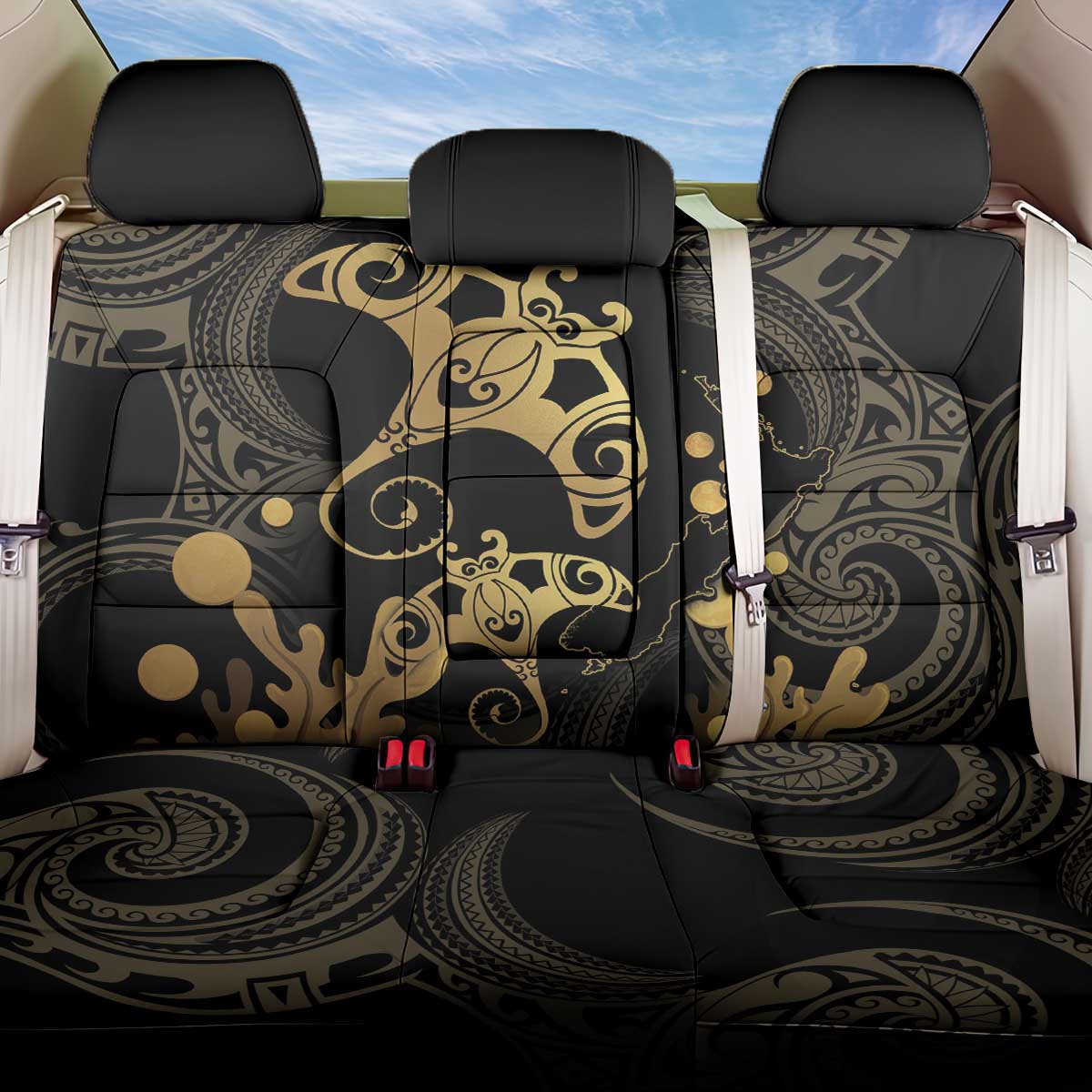 Black And Gold Aotearoa Whai Back Car Seat Cover NZ Stingrays Maori Curves Style