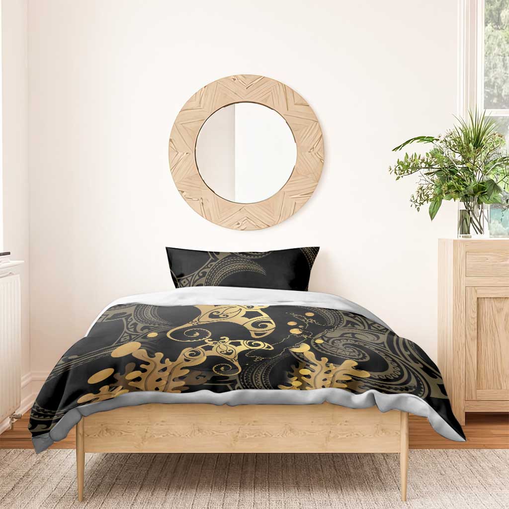 Black And Gold Aotearoa Whai Bedding Set NZ Stingrays Maori Curves Style