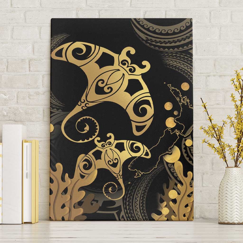 Black And Gold Aotearoa Whai Canvas Wall Art NZ Stingrays Maori Curves Style LT14 Without Frame Gold - Polynesian Pride