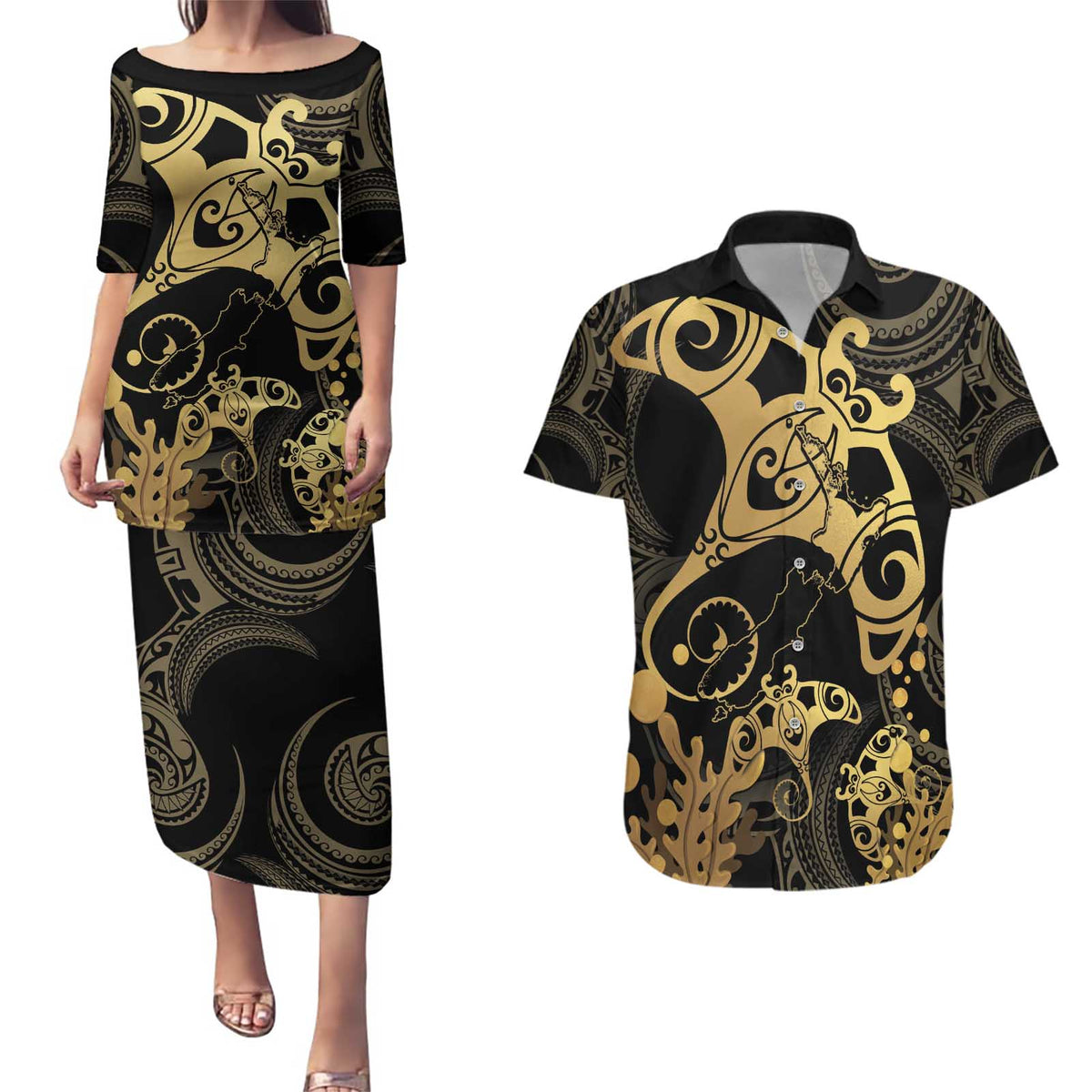 Black And Gold Aotearoa Whai Couples Matching Puletasi and Hawaiian Shirt NZ Stingrays Maori Curves Style LT14 Gold - Polynesian Pride