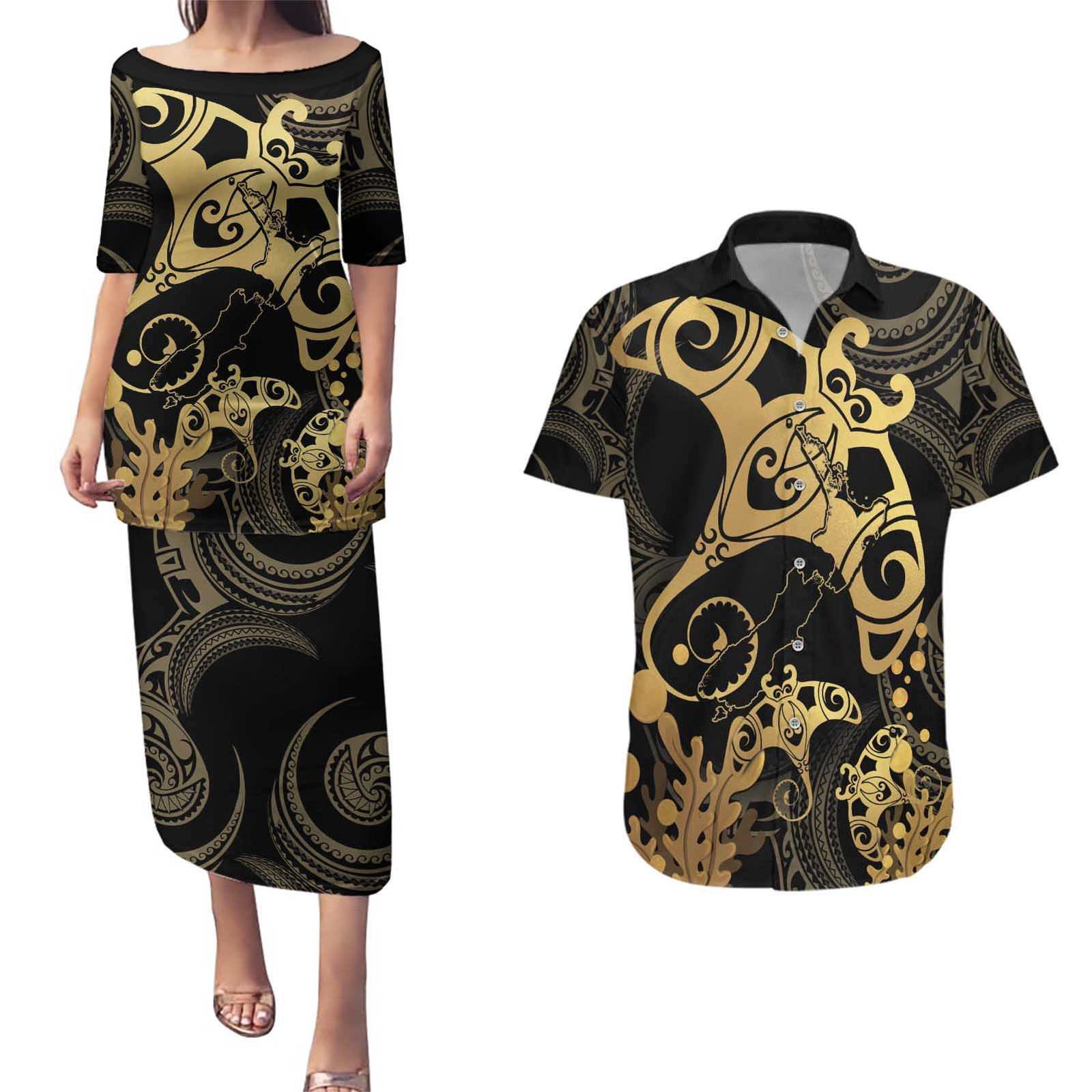 Black And Gold Aotearoa Whai Couples Matching Puletasi and Hawaiian Shirt NZ Stingrays Maori Curves Style LT14 Gold - Polynesian Pride
