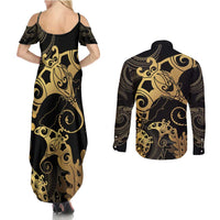 Black And Gold Aotearoa Whai Couples Matching Summer Maxi Dress and Long Sleeve Button Shirt NZ Stingrays Maori Curves Style LT14 - Polynesian Pride