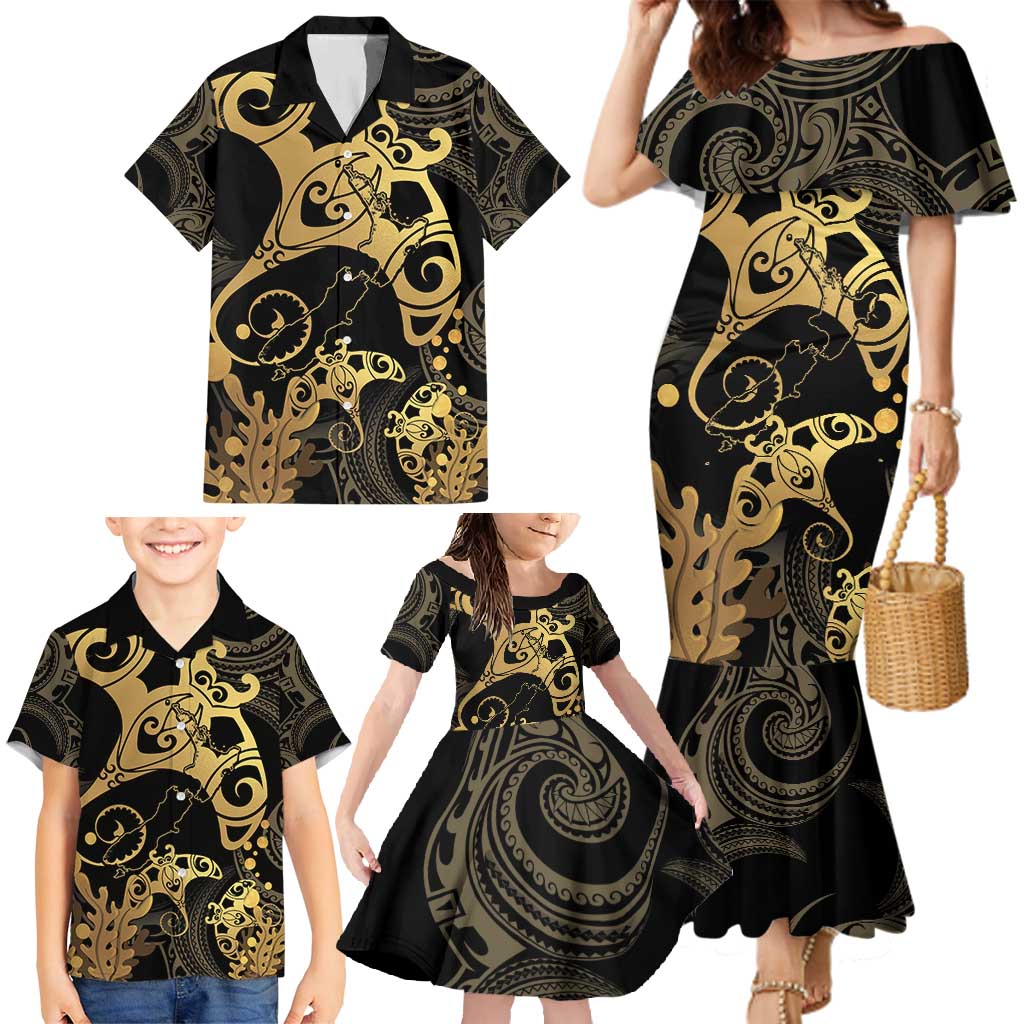 Black And Gold Aotearoa Whai Family Matching Mermaid Dress and Hawaiian Shirt NZ Stingrays Maori Curves Style