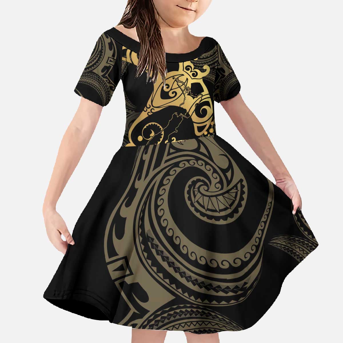 Black And Gold Aotearoa Whai Family Matching Off The Shoulder Long Sleeve Dress and Hawaiian Shirt NZ Stingrays Maori Curves Style