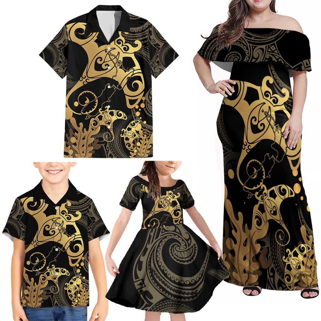 Black And Gold Aotearoa Whai Family Matching Off Shoulder Maxi Dress and Hawaiian Shirt NZ Stingrays Maori Curves Style