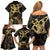 Black And Gold Aotearoa Whai Family Matching Off Shoulder Short Dress and Hawaiian Shirt NZ Stingrays Maori Curves Style