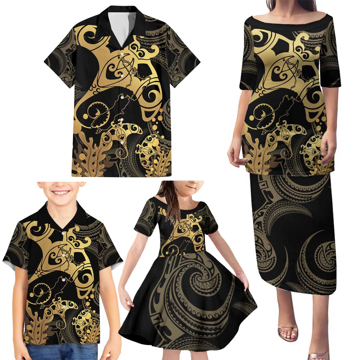 Black And Gold Aotearoa Whai Family Matching Puletasi and Hawaiian Shirt NZ Stingrays Maori Curves Style